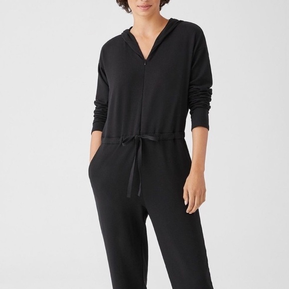 Eileen Fisher Cozy Brushed Terry Hooded Jumpsuit Black - Picture 3 of 14